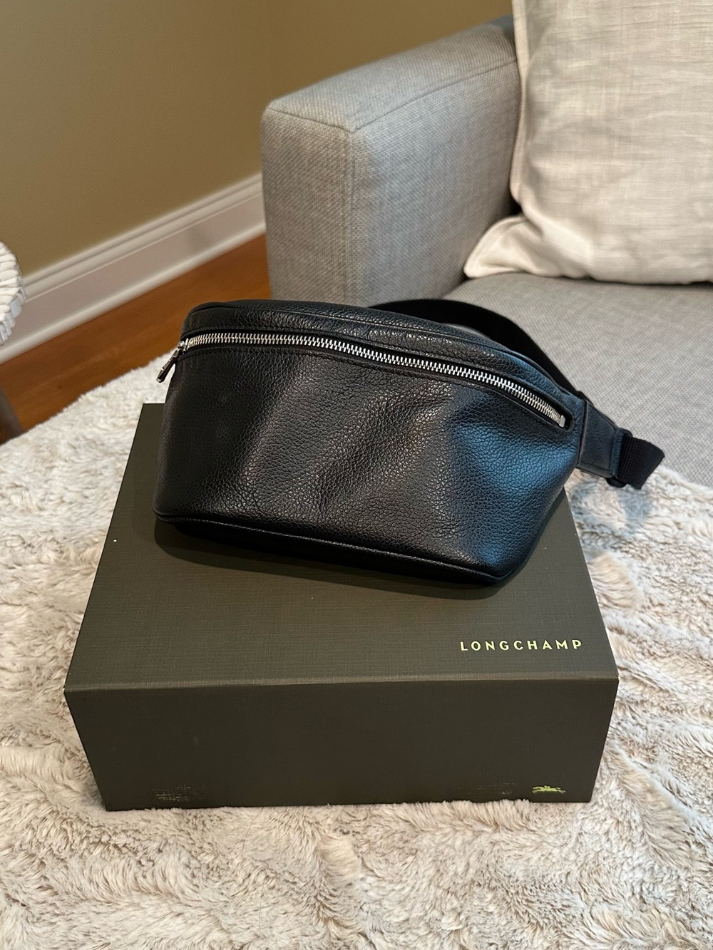 Longchamp Black Pebbled Leather Belt Bag with Silver Zip